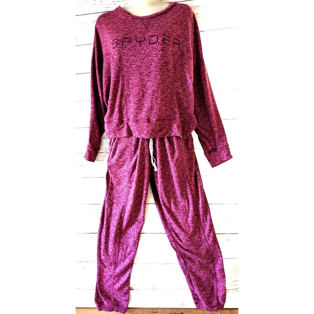 Spyder Woman Lounge Set Red Knit Soft Long Sleeves Cuffed Pockets Scoop Neck